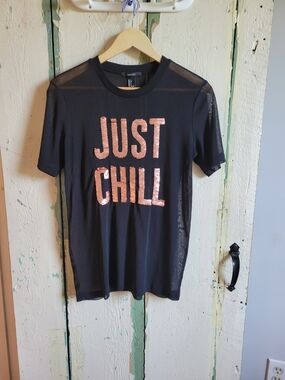 Black 'Just Chill' Sequin Mesh Graphic Tee